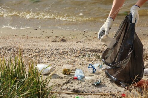 Volunteers collecting litter along the River Thames riverbank